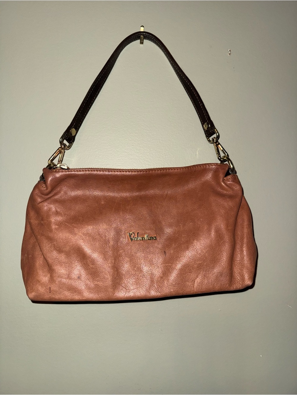 Valentina Leather Shoulder Bag in Cognac Brown with Dark Brown Handle